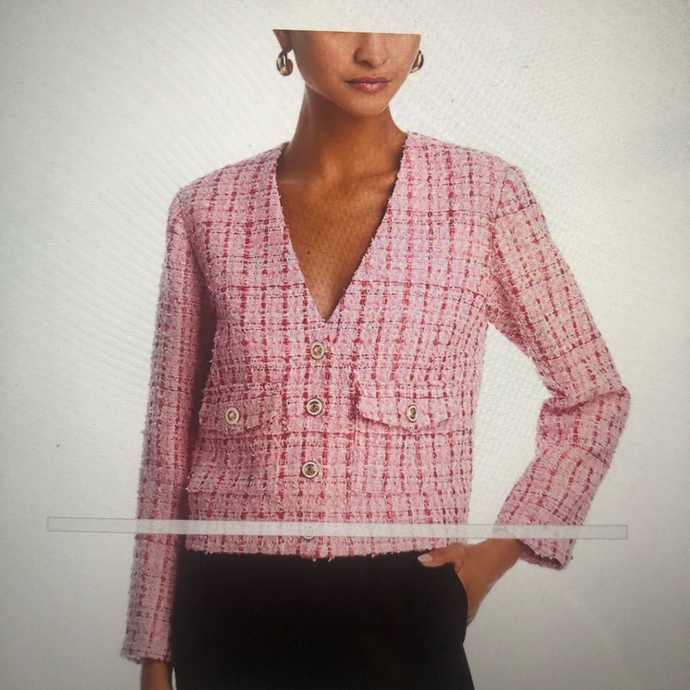 NWT Gorgeous Bloomingdales Aqua Pink Tweed Button Front V Neck  Jacket